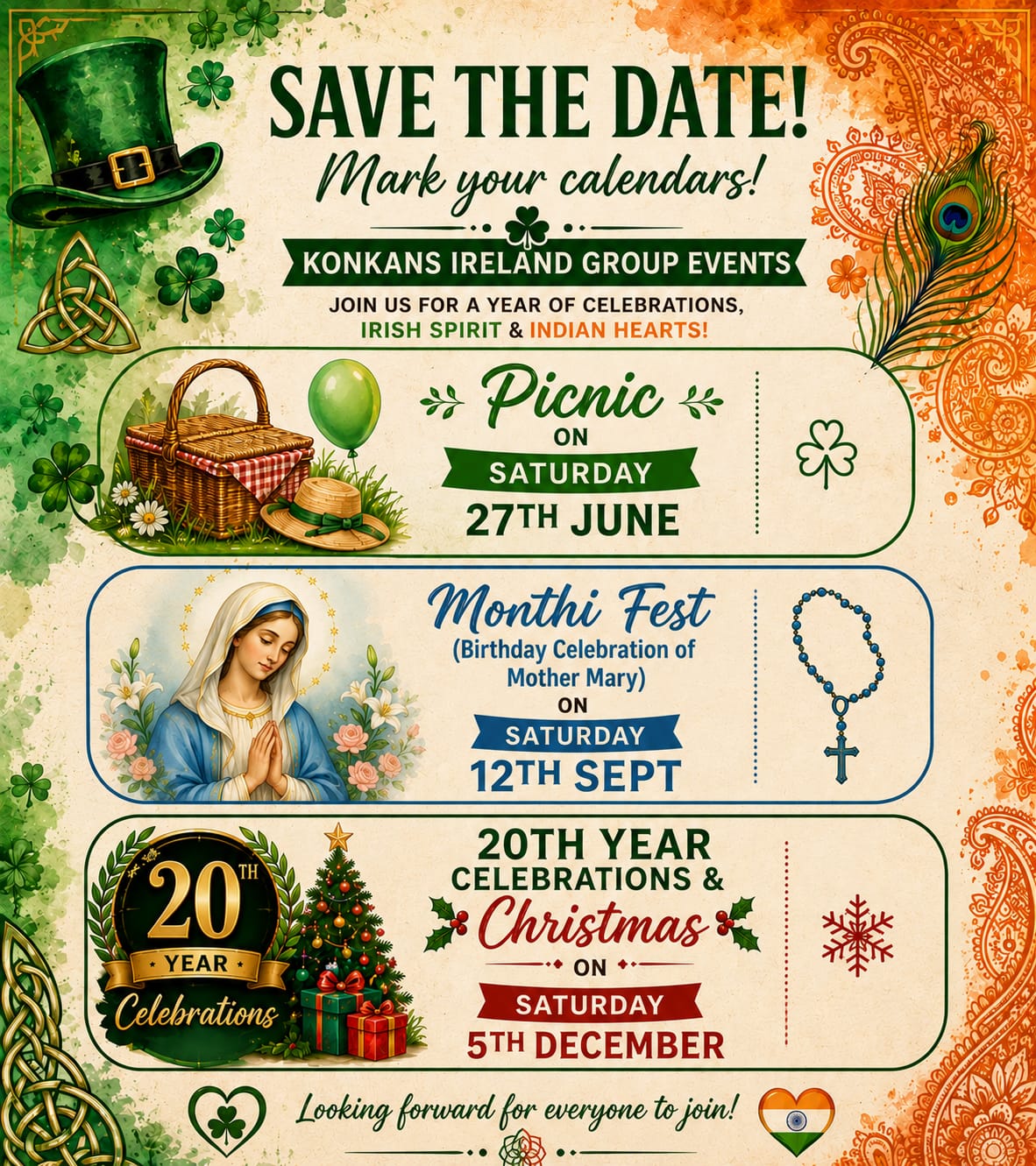 Save the date poster for Konkans Ireland 2026 events: picnic on 27 June, Monthi Fest on 12 September, and 20th Year Christmas Celebrations on 5 December